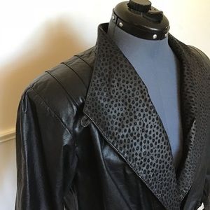 Vintage 1980's Cropped Black Leather Jacket Medium Animal Print Leopard Accents